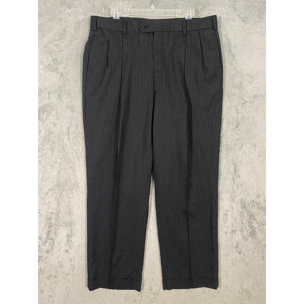 Tommy Hilfiger Dress Pants Mens 36x29 Black‎ Pinstripe Pleated Cuffed Trousers